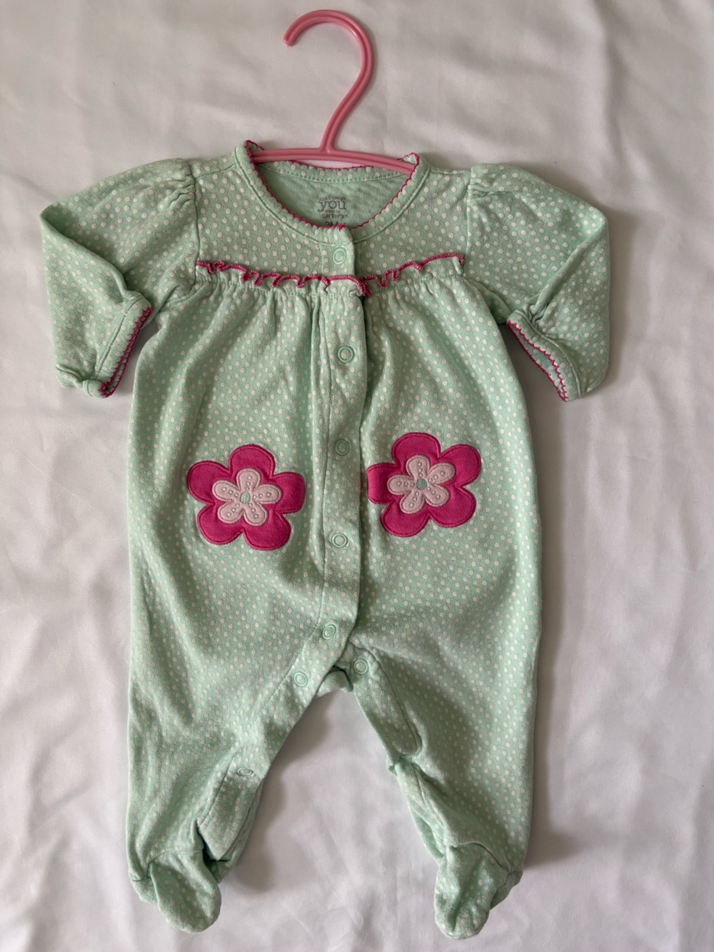 🌸 Baby girl Carter's Mint Polka Dot Footed Romper with Pink Flower Appliqués
